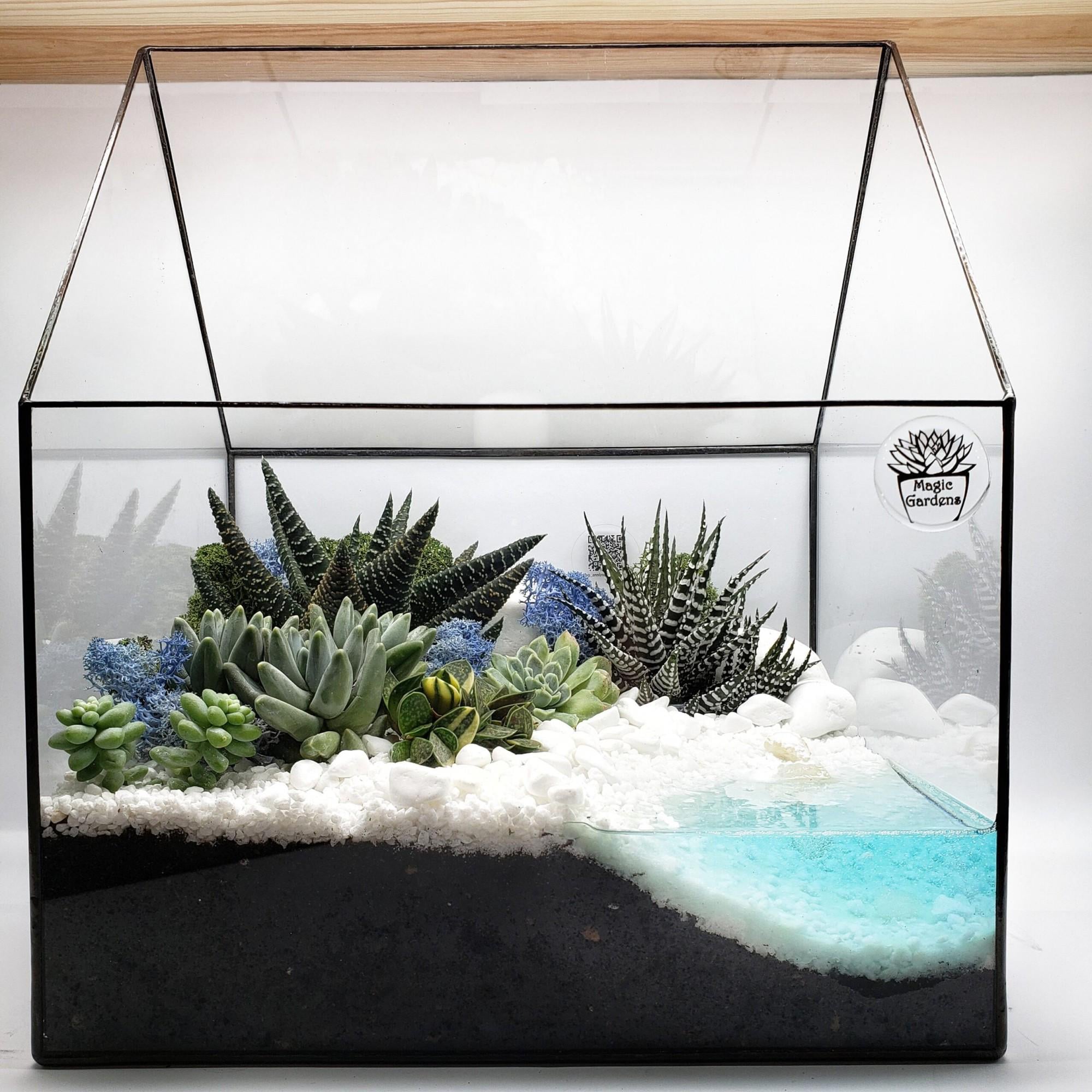 Флорариум новогодний Дом со снегом и суккулентами 30 см