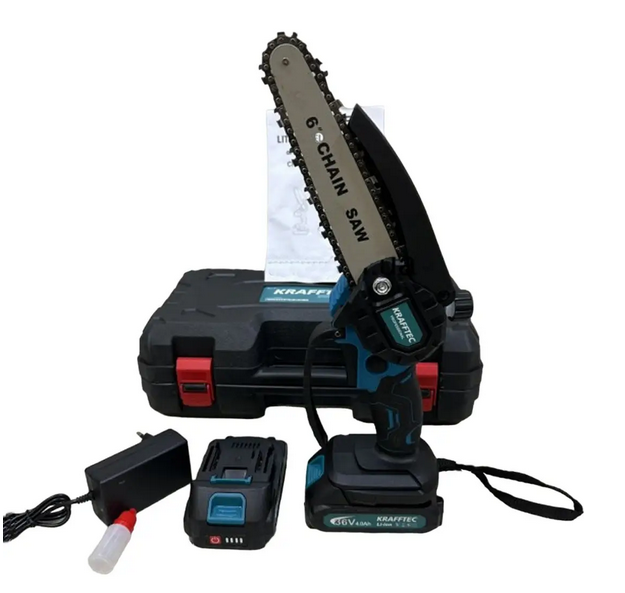 Электропила аккумуляторная KRAFFTEC 36 V 4 Ah/1000 Вт с автоматической смазкой и 2 аккумуляторами (36 V 4 Ah / 1000 Вт)