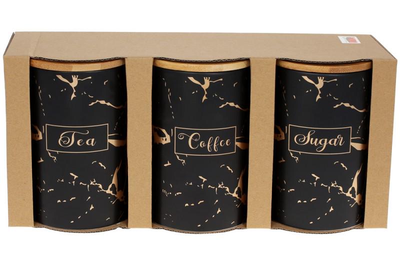 Набор банок ВonaDi Sugar Tea Coffe с бамбуковыми крышками 650 мл 3 шт. Черный матовый с золотом (304947)