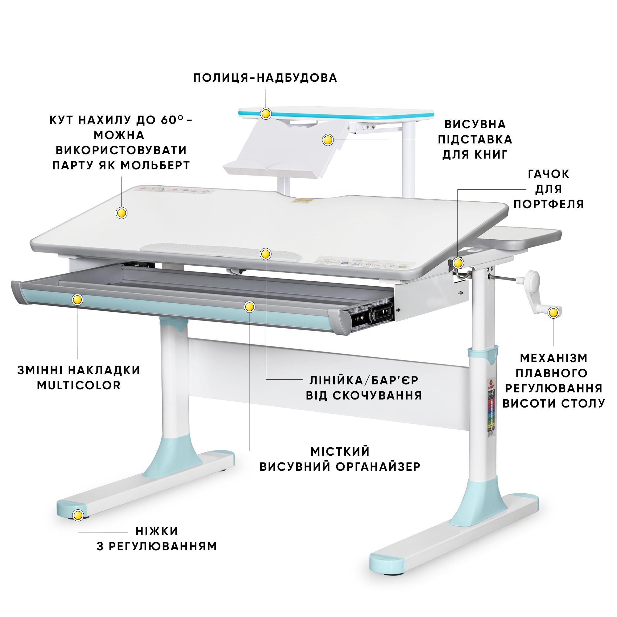 Парта-трансформер школьная Mealux Edmonton Multicolor детская с полкой S50 Голубой (8720682) - фото 2 Парта-трансформер школьная Mealux Edmonton Multicolor детская с полкой S50 Голубой (8720682) - фото 2