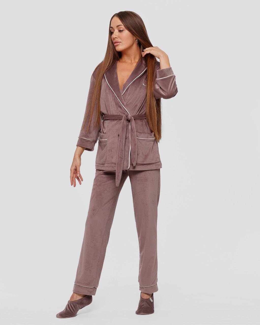 Костюм домашний женский велюровый халат с брюками 3XL Мокко (1805446999) - фото 6 Костюм домашний женский велюровый халат с брюками 3XL Мокко (1805446999) - фото 6