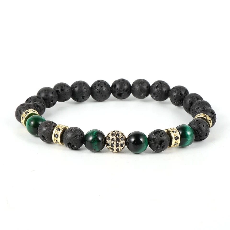 Браслет из лавового камня и тигрового глаза с шаром и дисками р. 22 (90106) Браслет из лавового камня и тигрового глаза с шаром и дисками р. 22 (90106)