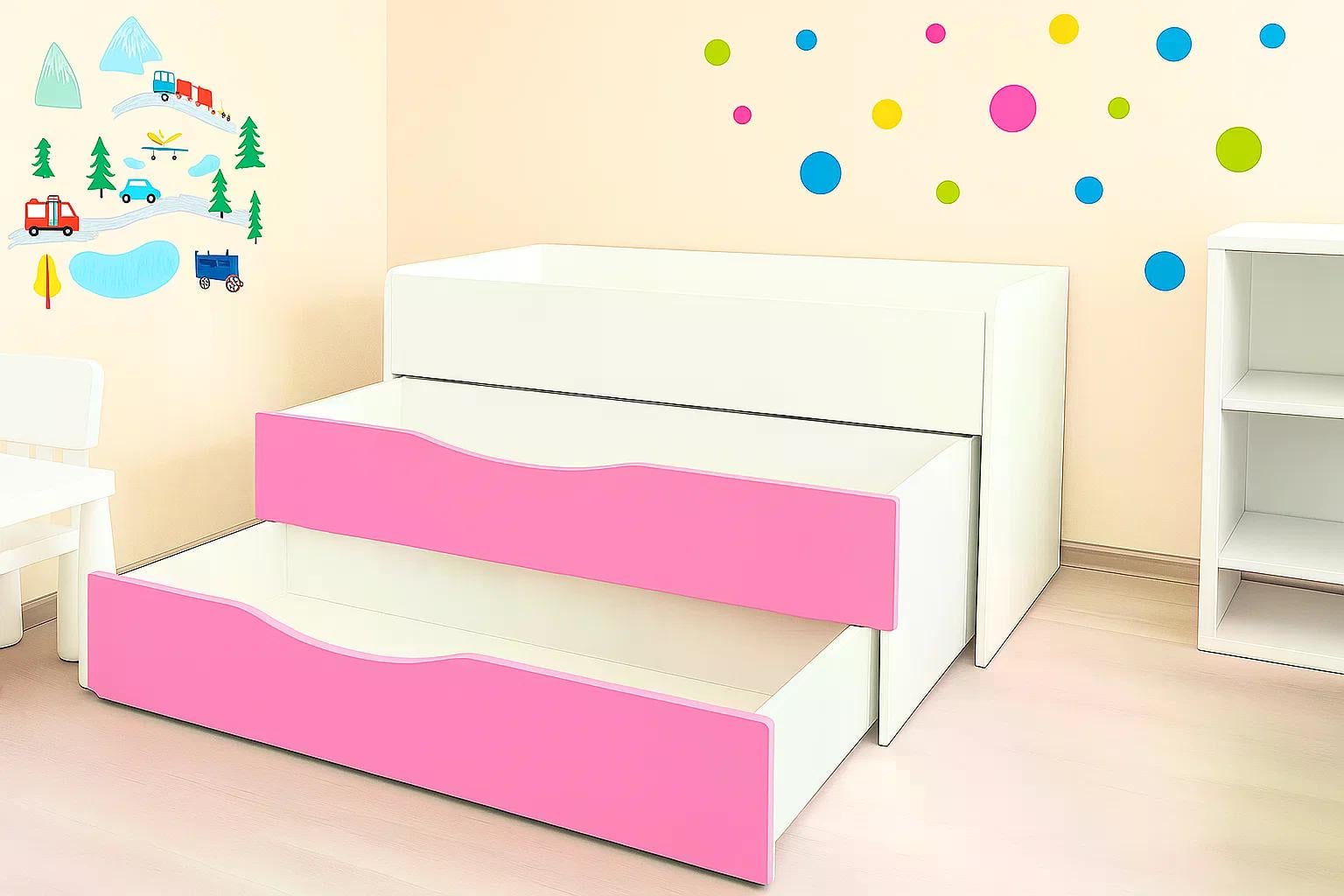 Кровать 3-ярусная DS-21 для дошкольных учебных заведений Белый с розовым