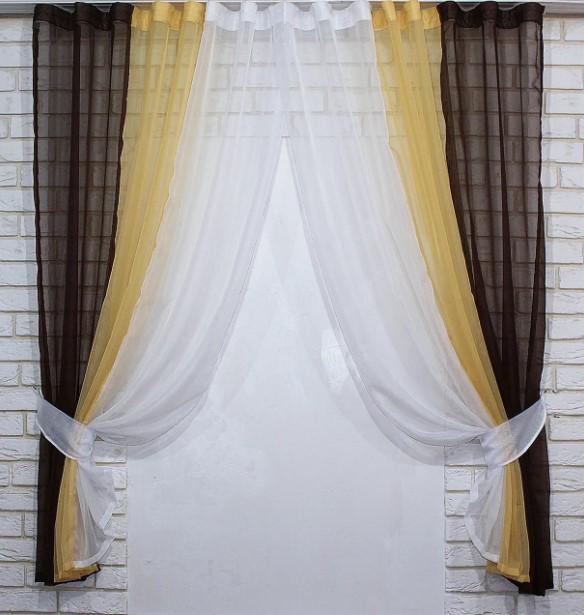 Комплект штор на кухню/балкон с подвязками 300х170 см Венге/Янтарый/Белый (054к) Комплект штор на кухню/балкон с подвязками 300х170 см Венге/Янтарый/Белый (054к)