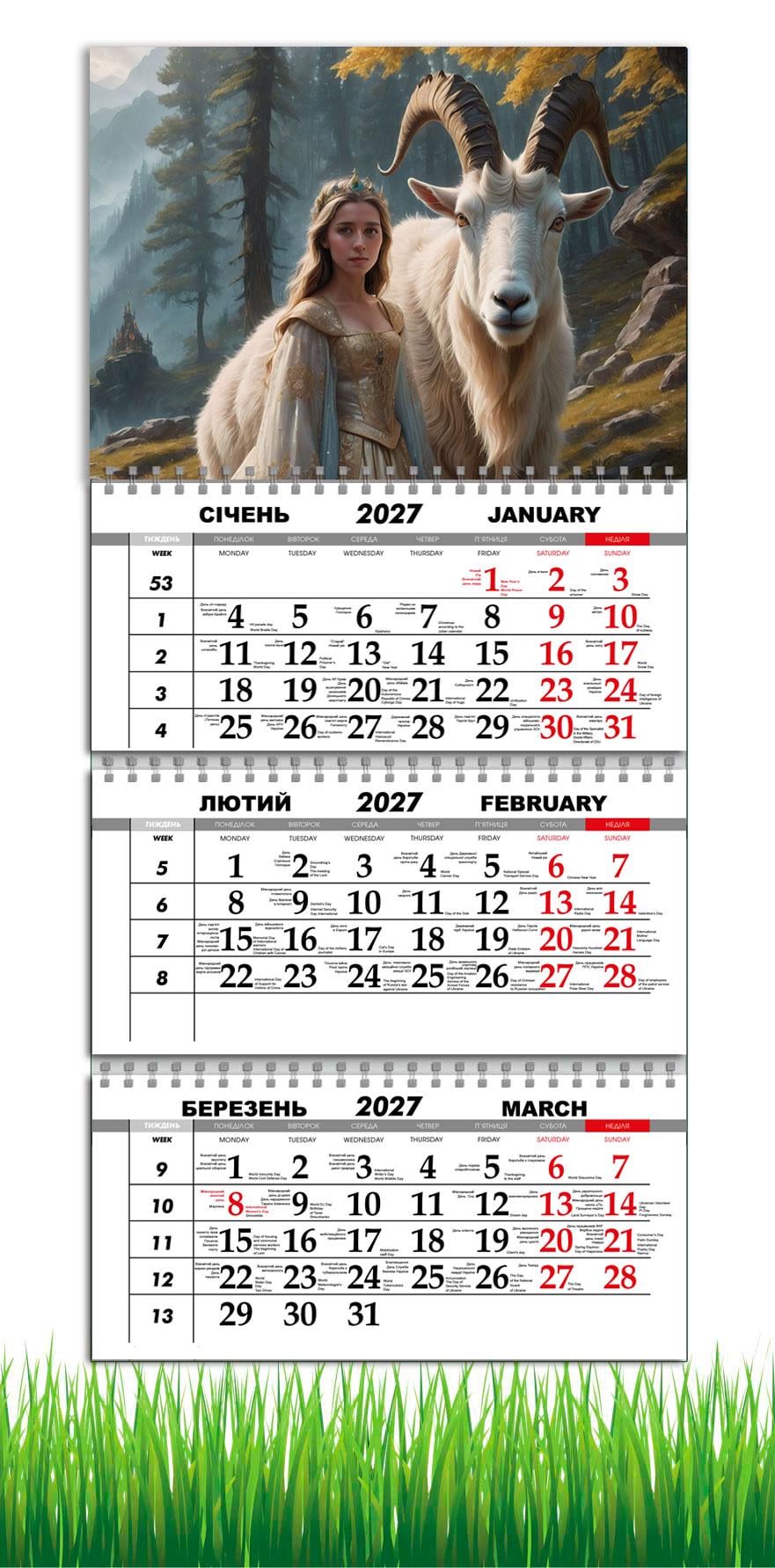 Календарь настенный квартальный на 2027 год APRIORI символ года Коза 30х61 см (36667086)