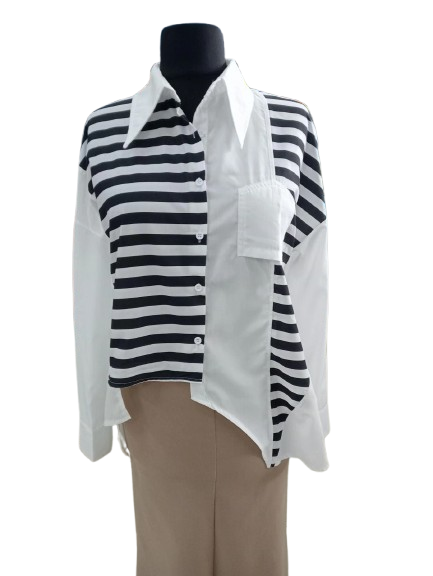 Блуза жіноча зі смугастими вставками та асиметричним низом ХL Чорно-білий (00199) Блуза жіноча зі смугастими вставками та асиметричним низом ХL Чорно-білий (00199)