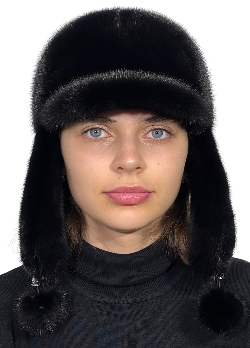 Шапка женская Меховой стиль Комбинированная Ушанка из натурального меха норки M-L Черный (058/1)