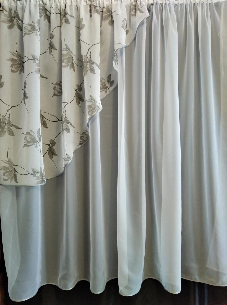 Занавеска кухонная Угол шифон с ламбрекеном батист 300х170 см Белый/Серый (ул-18) - фото 2 Занавеска кухонная Угол шифон с ламбрекеном батист 300х170 см Белый/Серый (ул-18) - фото 2