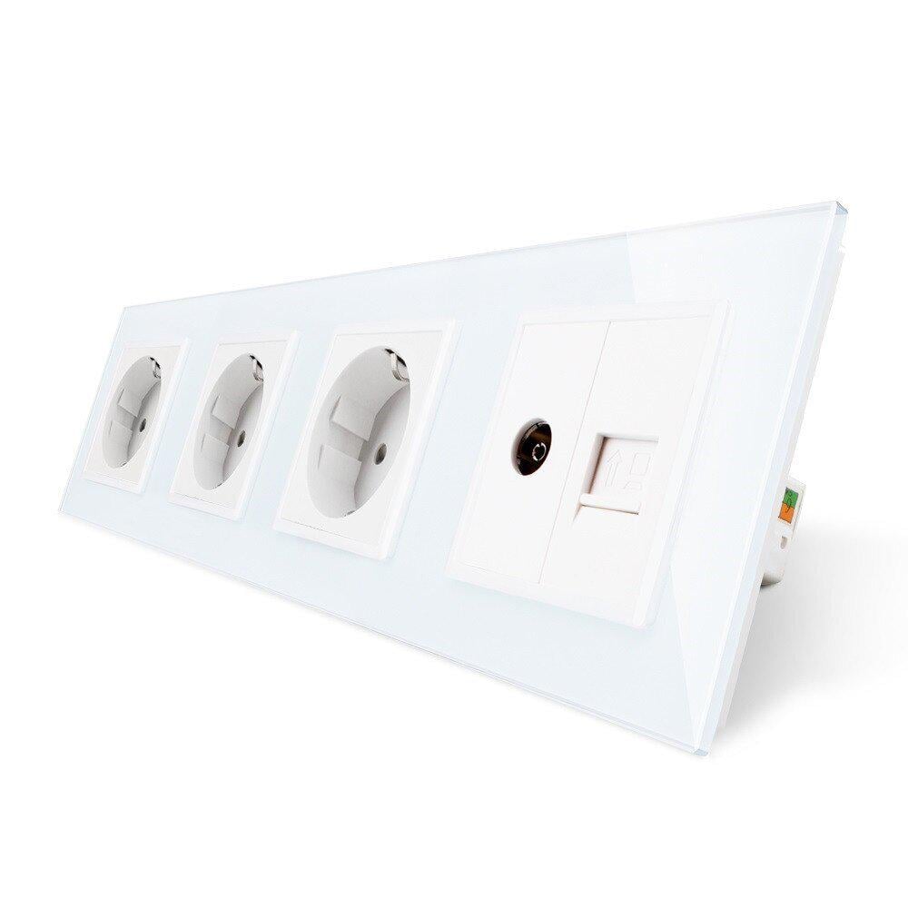 Розетка четырехместная Livolo комбинированная силовая интернет/ТВ стеклянная Белый (VL-C7C3EU1C1V-11)