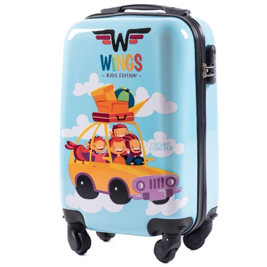 Валіза пластикова дитяча Wings Car серії Kids Edition S ручна поклажа на 4 колесах Блакитний