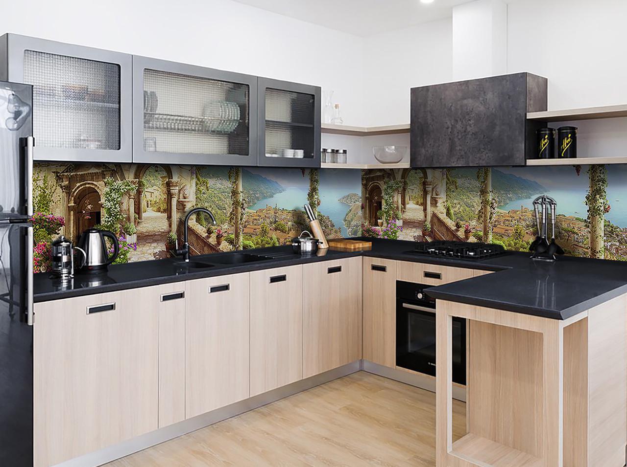 Кухонный фартук Город у моря колонны залив из самоклеющейся виниловой пленки 65х250 см Бежевый