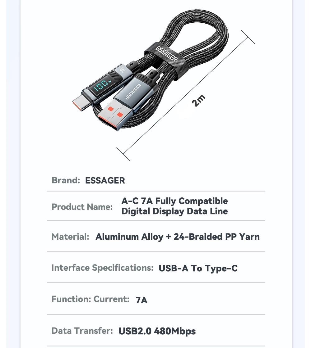 Кабель Essager USB Type-C Fast Charge 100W 7A с дисплеем 2 м (25397253) - фото 9