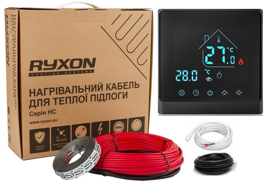 Кабель нагревательный RYXON 8 м²-9,6 м²/1600 Вт/80 м с программируемым черным терморегулятором AC8400H