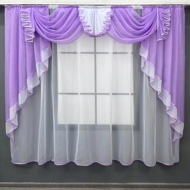 Комплект тюль/ламбрекен на кухню 200х170 см Сиреневый/Белый (107к)