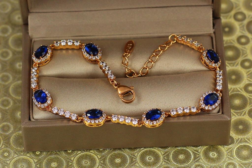 Браслет Xuping Jewelry Малинки с синими камнями на дорожке 17,5 см х 7 мм Золотистый (2313050503)