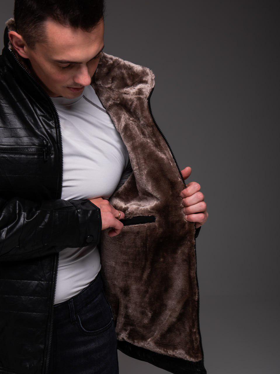 Куртка чоловіча зимова з еко шкіри на хутрі стьобана L Чорний (2297/2) - фото 5 Куртка чоловіча зимова з еко шкіри на хутрі стьобана L Чорний (2297/2) - фото 5