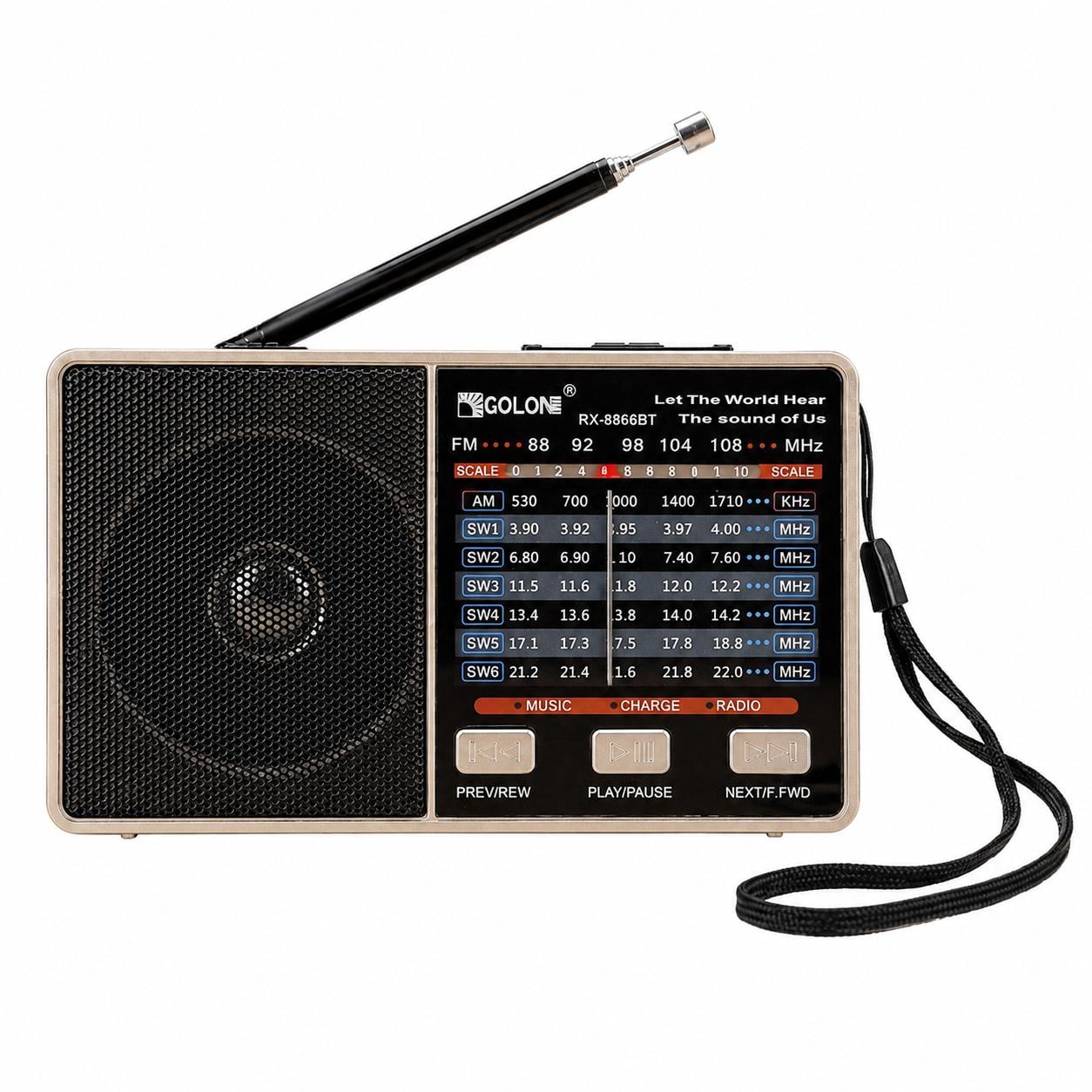 Радиоприемник с фонарем Golon RX-8866BT Bluetooth/FM/AM/SW/USB/MicroSD/MP3 на аккумуляторе Золотой