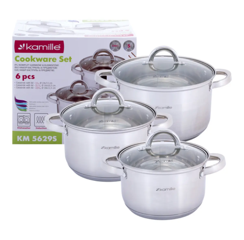 Набор кастрюль Kamille KM-5629S нержавеющая сталь для индукции и газ 6 пр.а 2,5/3,8/6,5 л (NA002029)