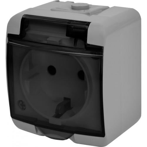 Розетка одинарна ETI Schuko RHE-1sd-SR з прозорою з/к IP54 Сірий (4668071)