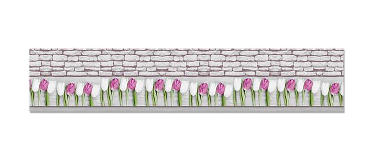 Фартук кухонный Тюльпаны кирпичи из самоклеющейся виниловой пленки 60х300 см Серый