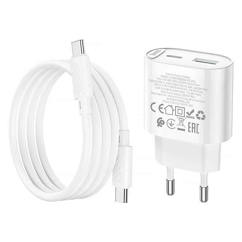 Набір СЗУ HOCO C109A/кабель Type-C/Type-C 1xUSB+1xUSB-C PD20W+QC3.0 1 м White Box