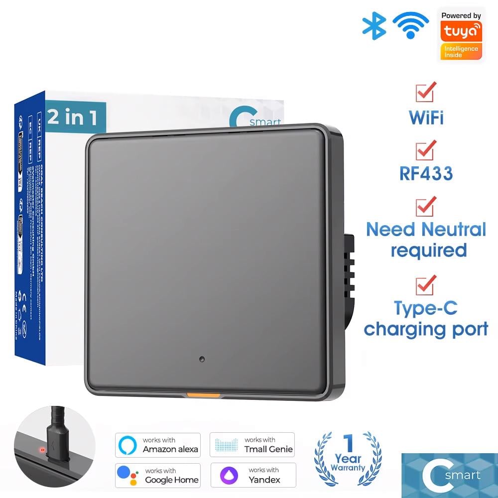 Выключатель Wi-Fi механический Tuya RF433 EU Wi-Fi на одну линию Серый (MG-KG120-H1-WIF-433-EU-C)