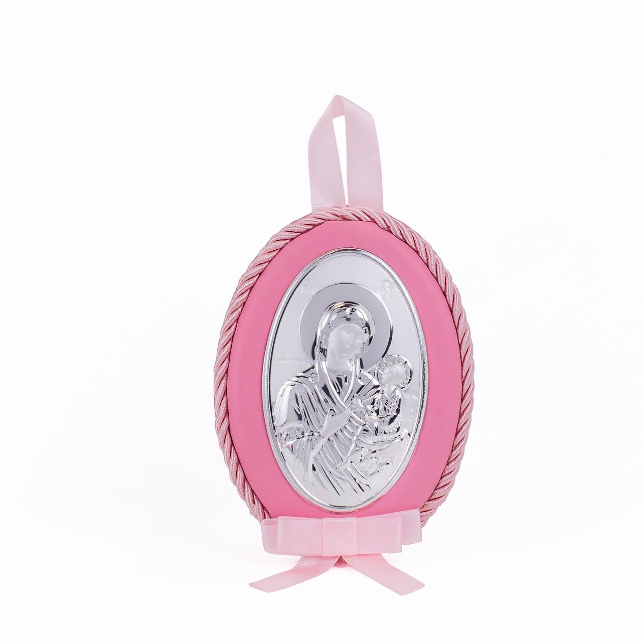 Срібна дитяча іконка Скоропослушниця Божа Матір на рожевій подушечці для дівчинки 8х11 см