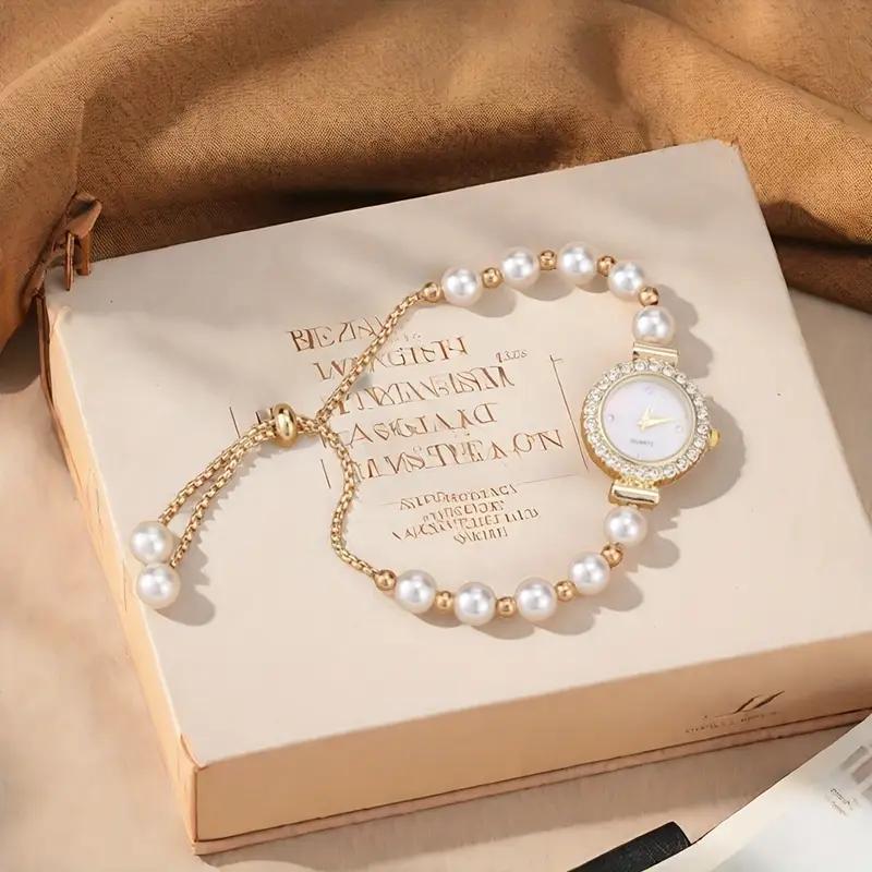 Наручний кварцовий годинник з регульованим браслетом із перлин та стразами Золотистий (2689612586) - фото 2 Наручний кварцовий годинник з регульованим браслетом із перлин та стразами Золотистий (2689612586) - фото 2