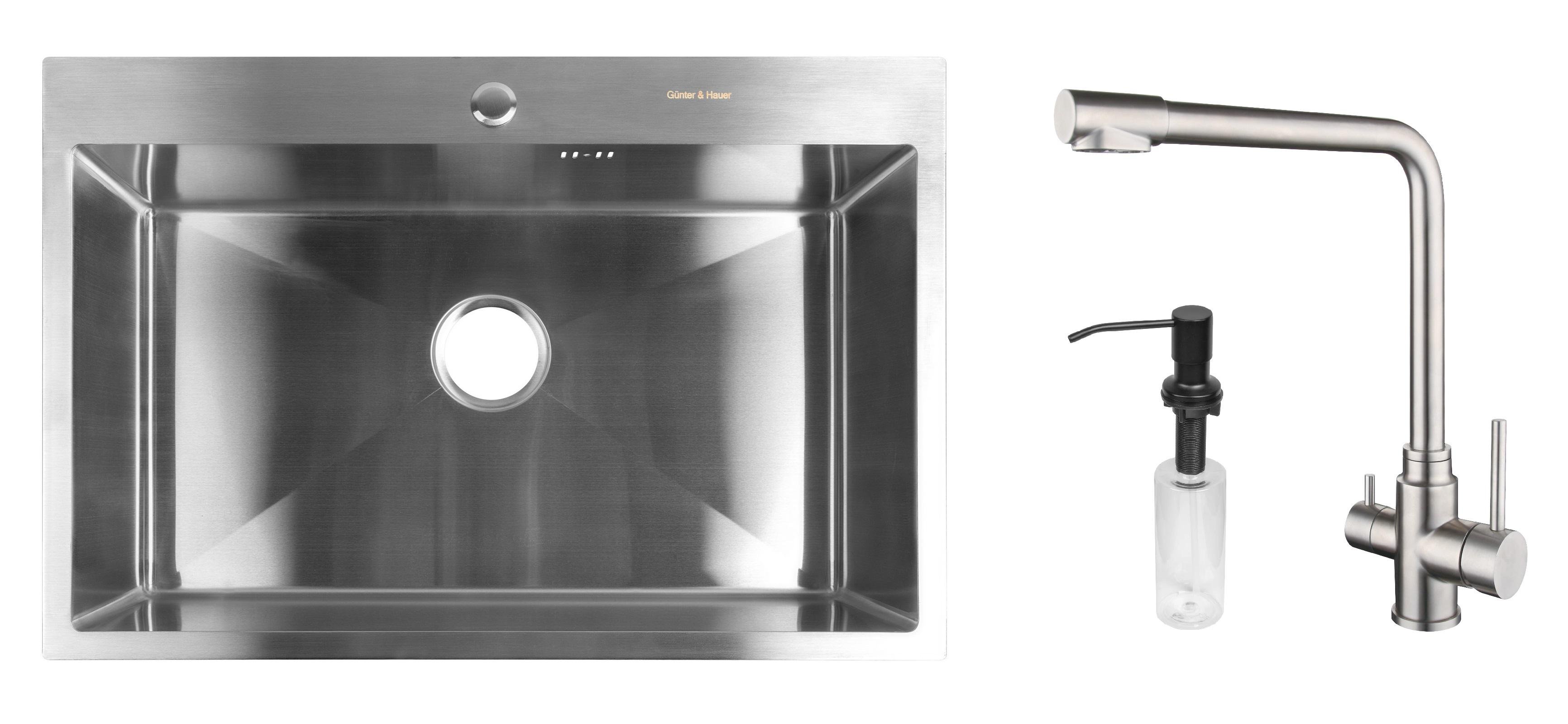 Комплект из кухонной мойки Gunter&Hauer Odenbach 7522 Inox и кухонного смесителя Gunter&Hauer LUFT Br и дозатора Gunter&Hauer Soap Dispenser Black