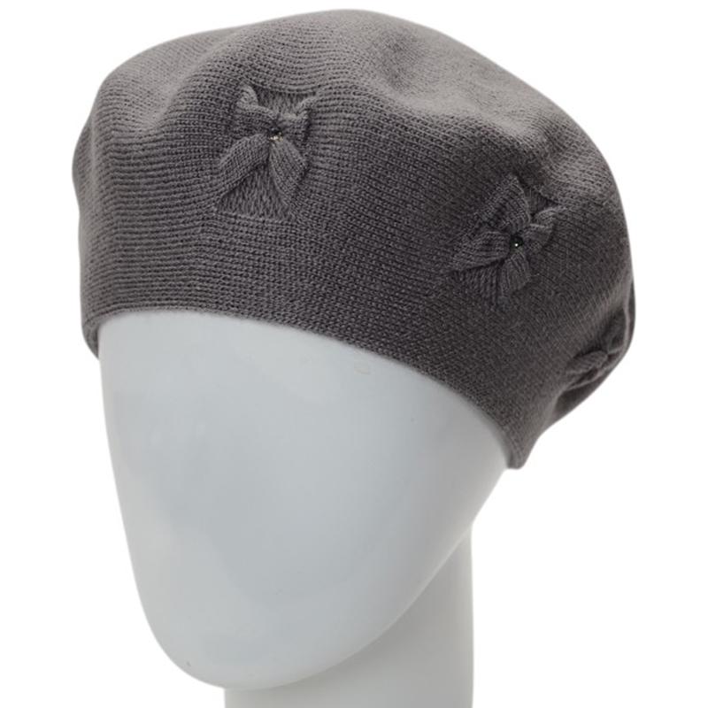 Берет женский двойной тонкой вязки Lirus Баунти с узором и стразами Дым