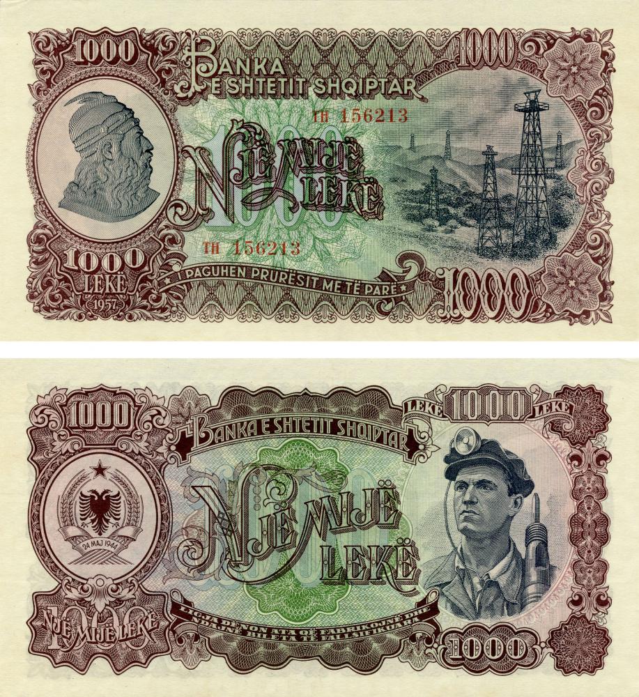 Коллекционная банкнота Албания 1000 леков 1957 VF-AU P32a (Б14330)