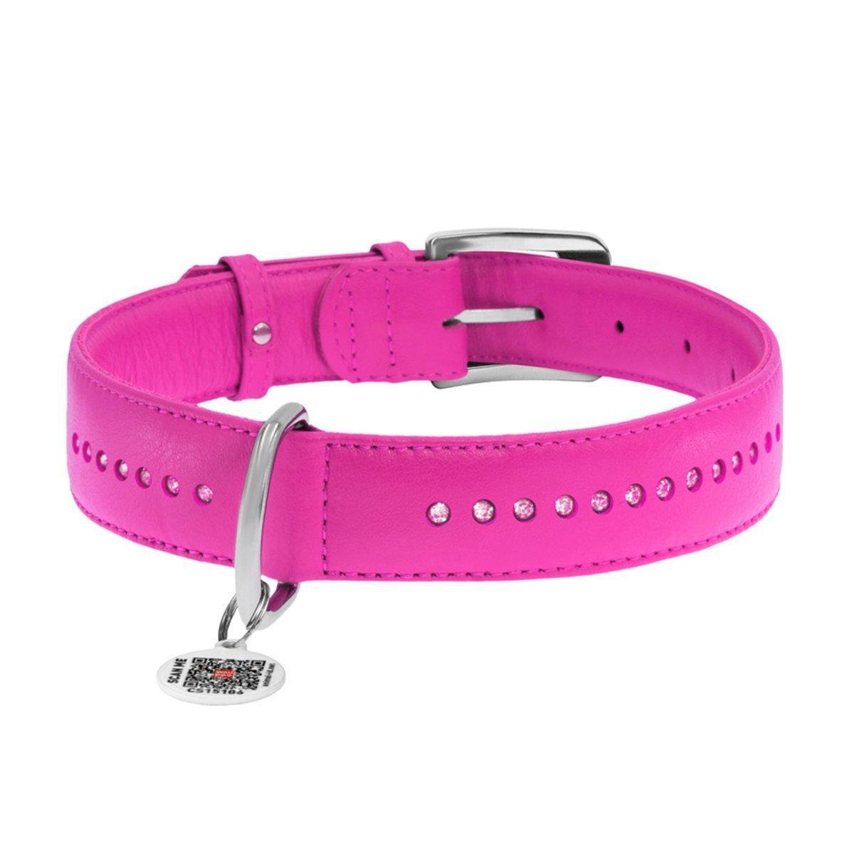 Ошейник для собак кожаный Waudog Glamour с QR паспортом/двойной со стразами XL 35 мм х 46-60 см Розовый (38827 Col)