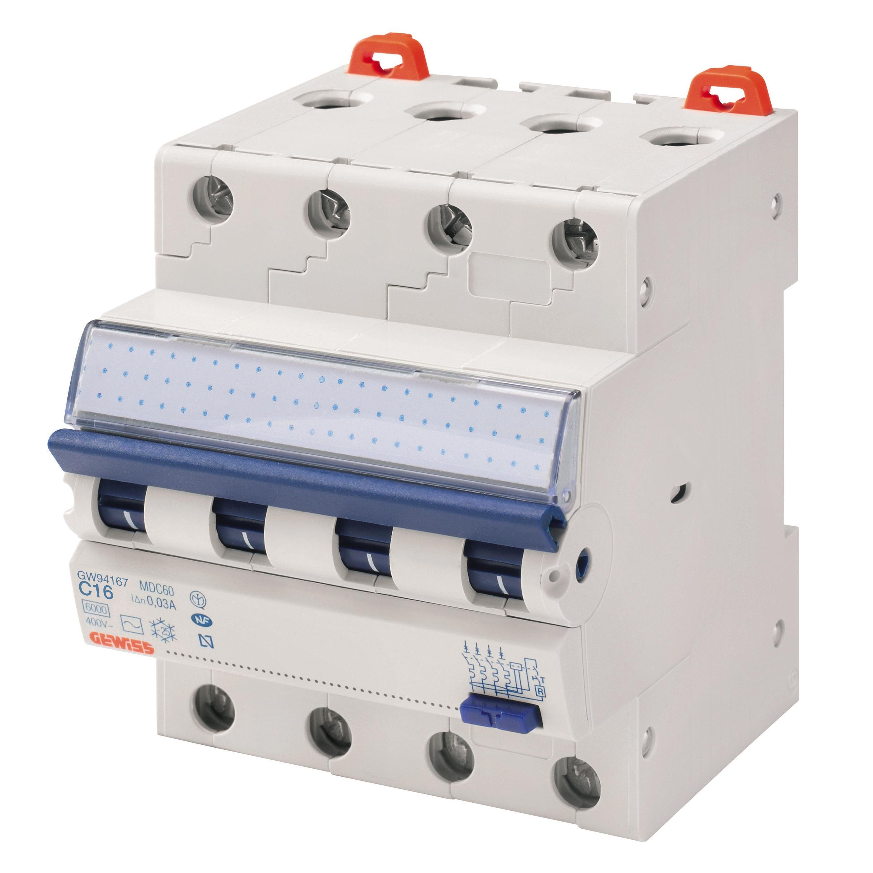 Дифференциальный выключатель Gewiss MDC60 4P 16А 30мА 6кА C тип АС (GW94167)