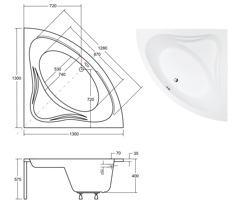 Ванна акриловая угловая Besco MIA 130x130 см (1145140495) - фото 3 Ванна акриловая угловая Besco MIA 130x130 см (1145140495) - фото 3