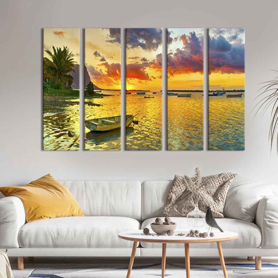 Модульная картина из 5 частей на холсте Оранжевый закат над рыбацкой гаванью 132x80 см (441-51)