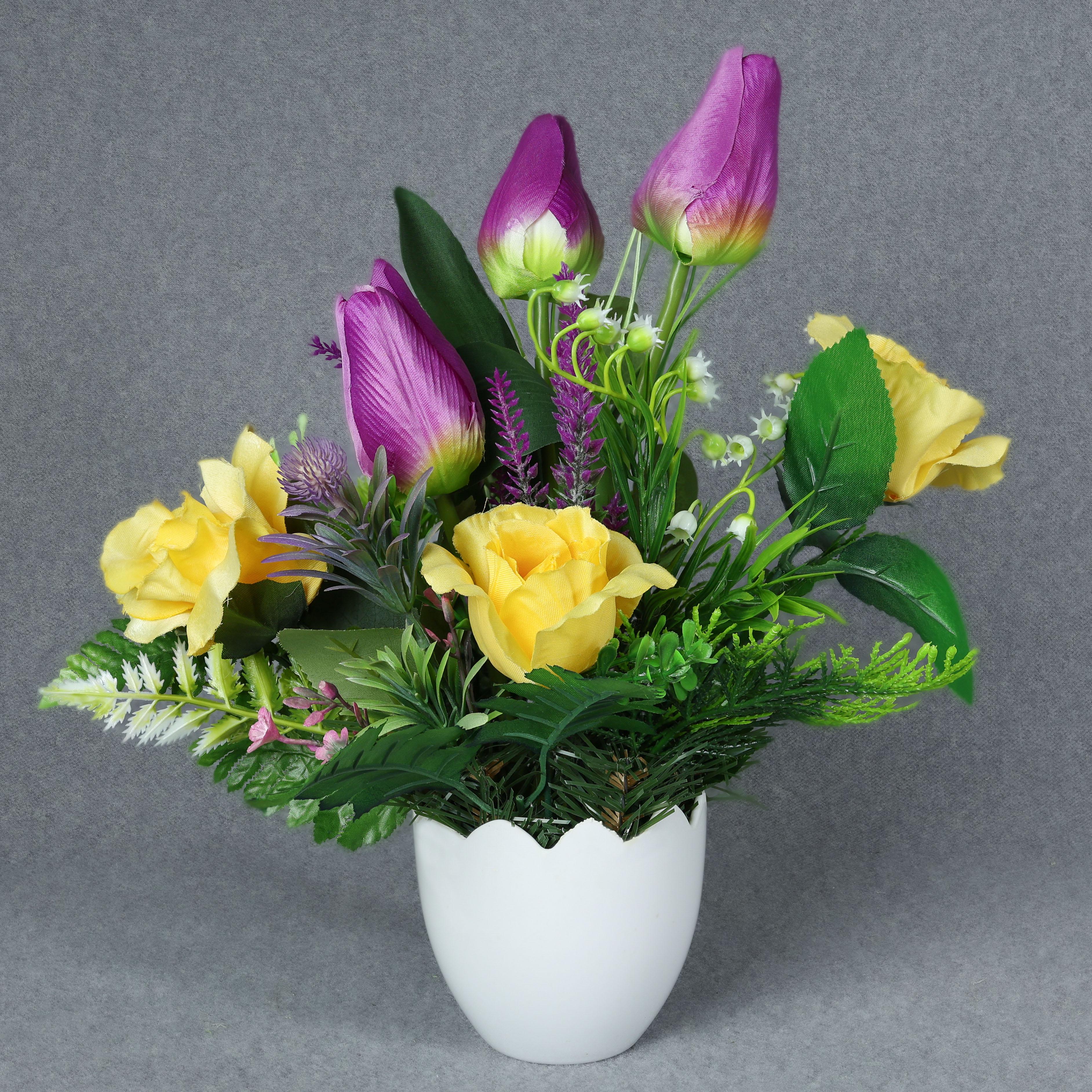 Композиция GALA DECOR надгробная из искусственных роз и тюльпанов в белом кашпо (КБ2030ФЖ)