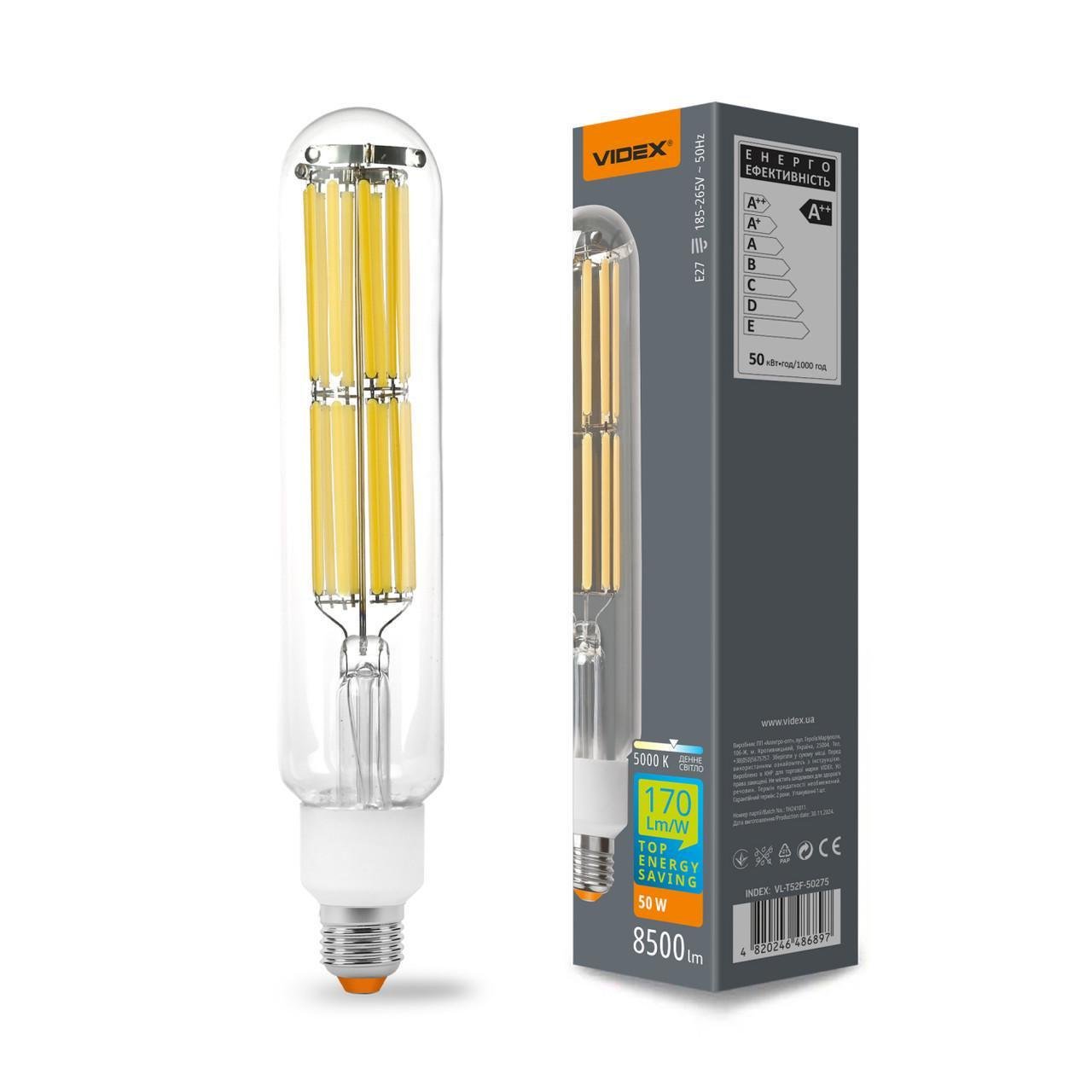 LED лампа високоефективна VIDEX Filament T52F 50W E27 5000K 220V