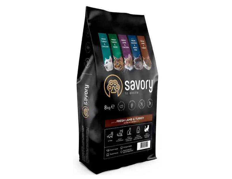 Сухой корм для кошек с чувствительным пищеварением Savory ягненок и индейка 8 кг (30099)