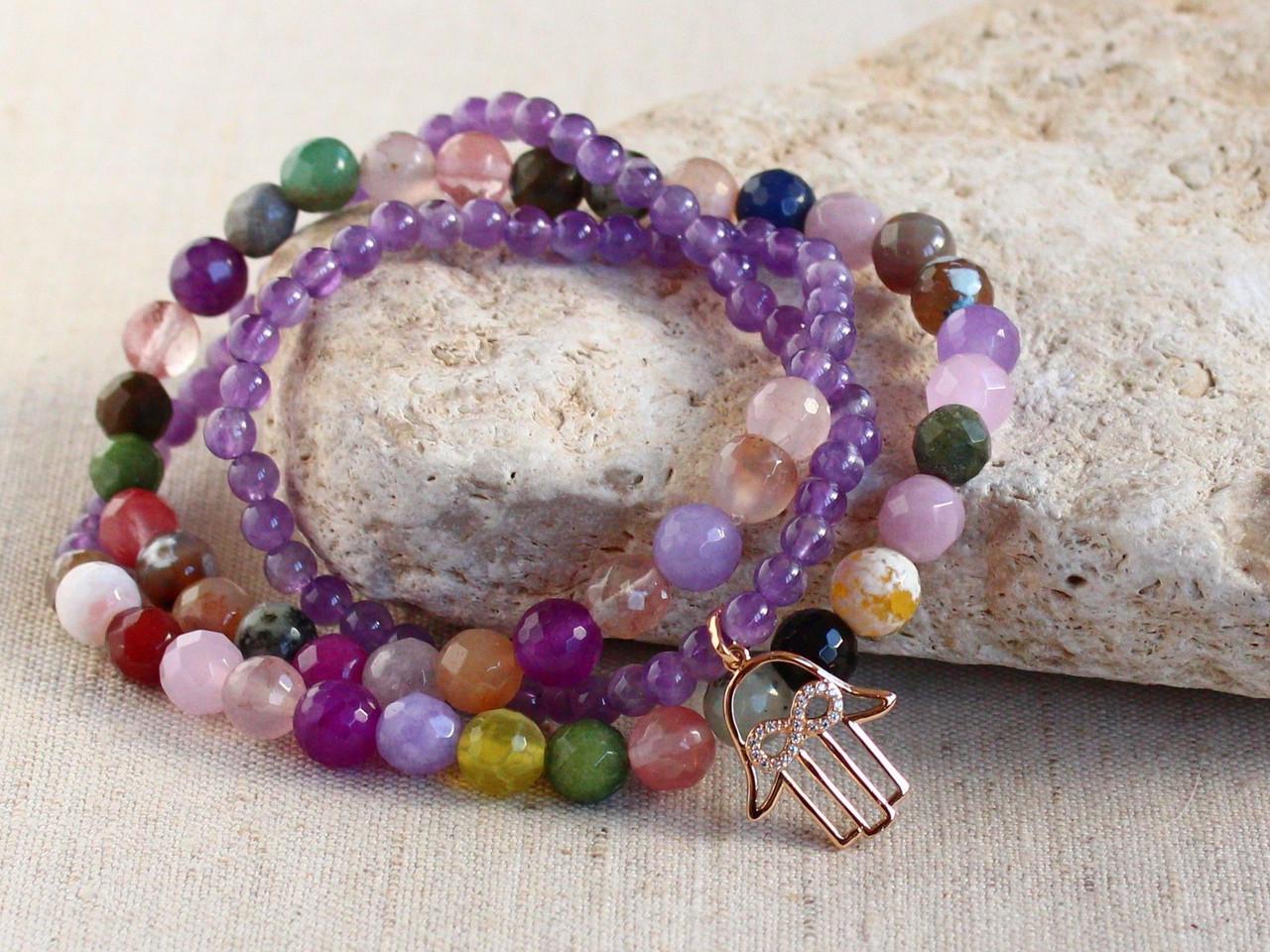 Браслет многослойный Аметист/Агат с подвеской Хамса (1888368624)