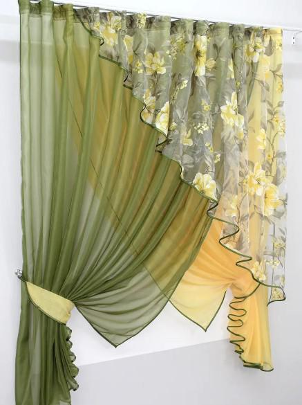 Шторки на кухню шифон/органза 330х170 см Оливковый/Желтый (063к) Шторки на кухню шифон/органза 330х170 см Оливковый/Желтый (063к)