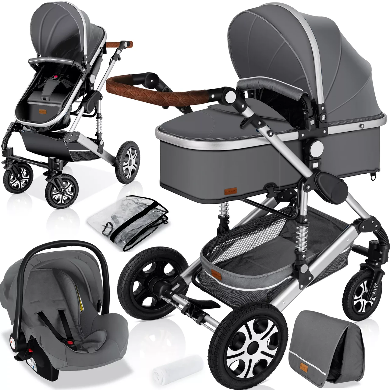 Коляска детская с автокреслом KESSER 3в1 94x64x119 см Серый/Серебряный - фото 8