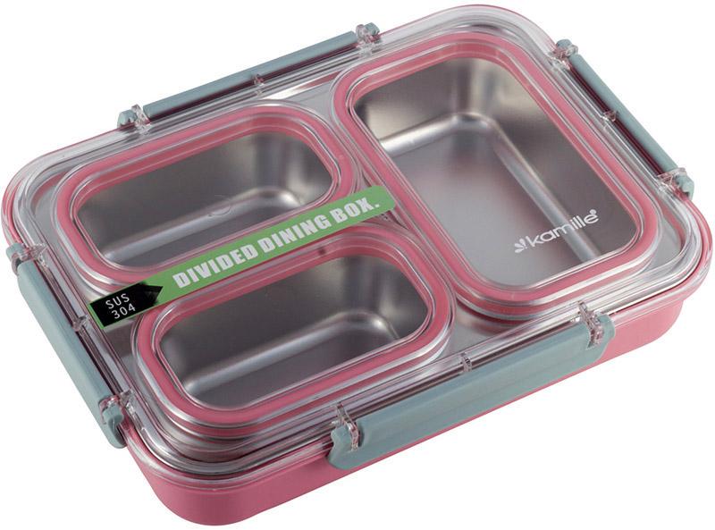 Ланч-бокс Kamille Snack на 3 секции пластик и нержавеющая сталь 1200 мл Розовый