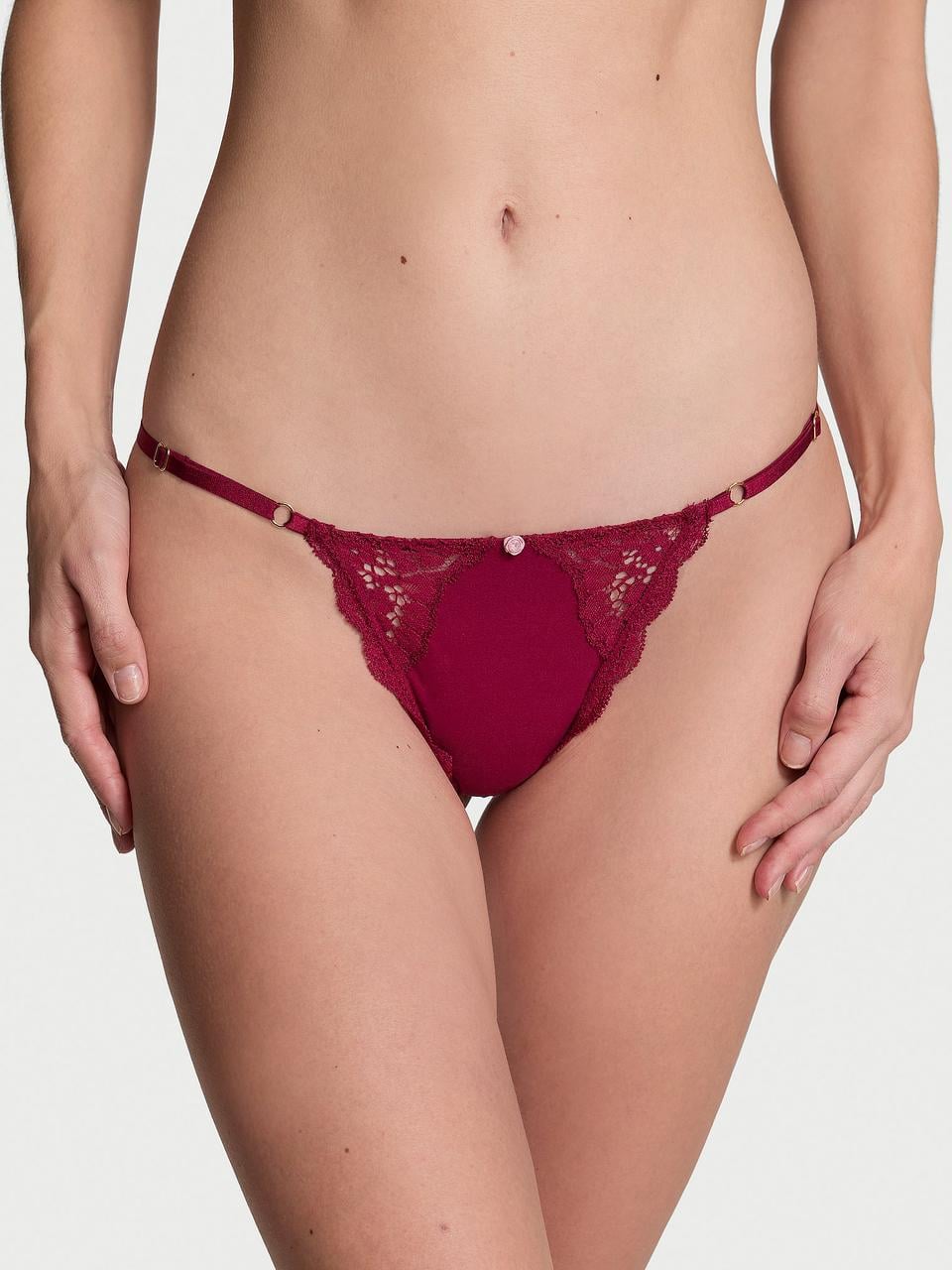 Трусики женские Victoria's Secret Lace-Trim Adjustable V-String Panty S Бордовый (34312955164372)