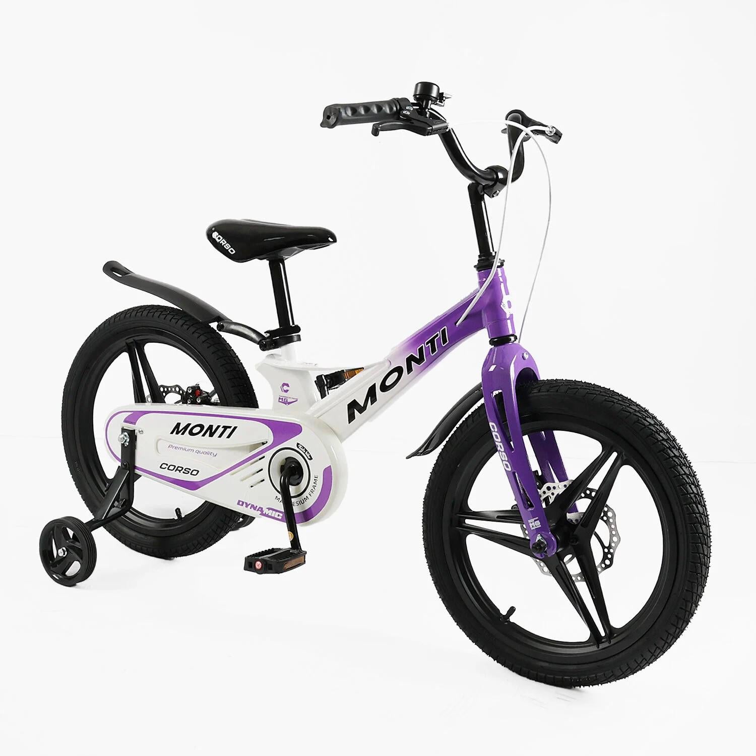 Детский велосипед Corso Magnesium Monti двухколесный 18" с дополнительными колесами Фиолетовый (MT-18521)