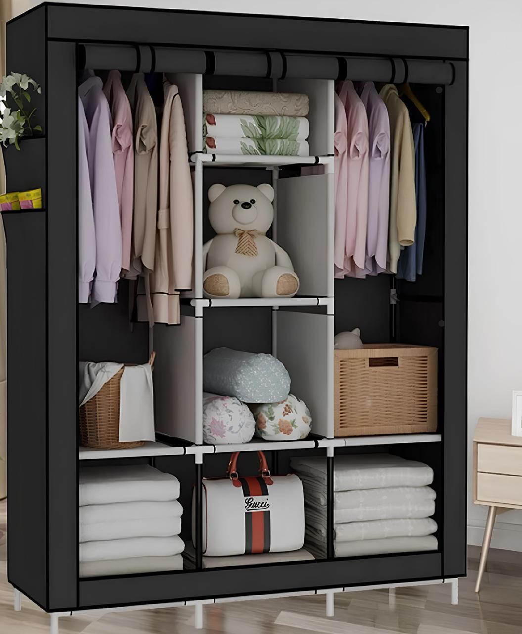 Тканный шкаф каркасный складной для одежды и обуви на 3 секции Черный