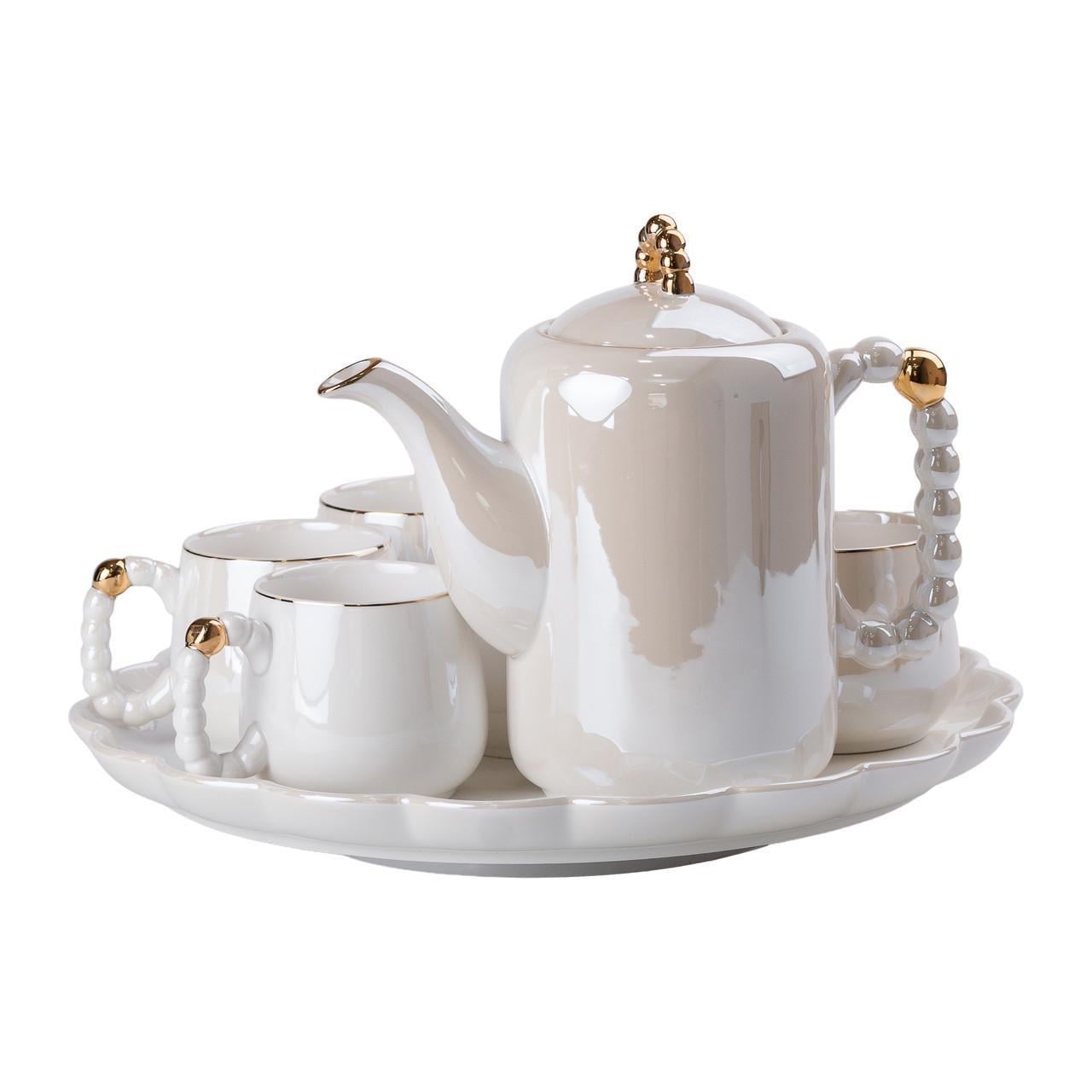 Чайный набор с заварочным чайником и керамической подставкой на 6 персон Белый (4991)
