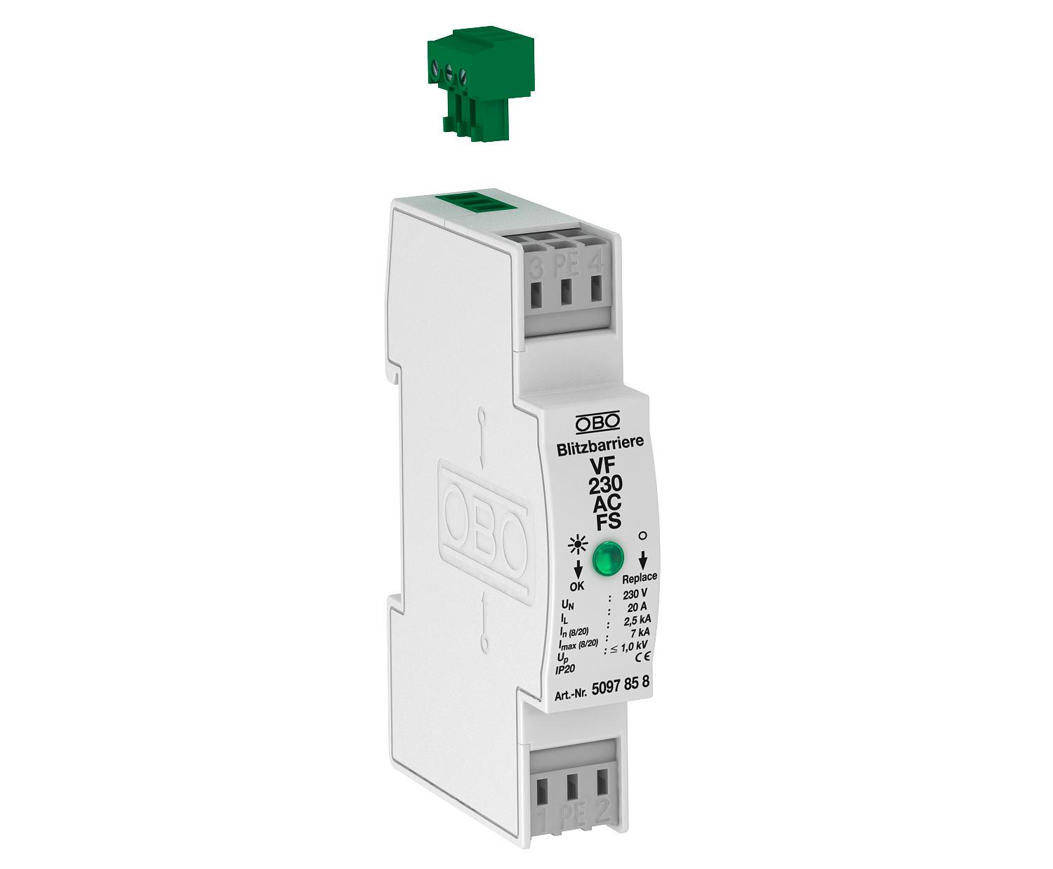 Модуль защиты OBO bettermann VF230-AC-FS 3P 7кА 230 В класc 3 D для контрольно-измерительных устройств с FS контактом (5097858)