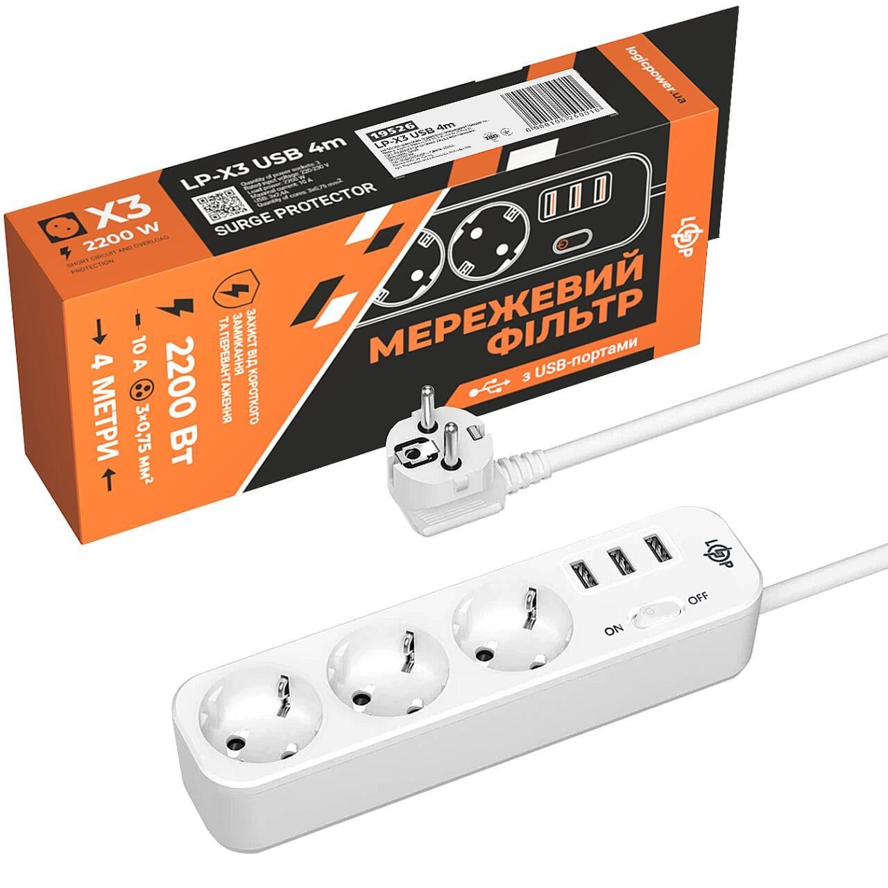Фільтр мережевий PREMIUM LP-X3 USB 4 м 2200 Вт White (3098521932)