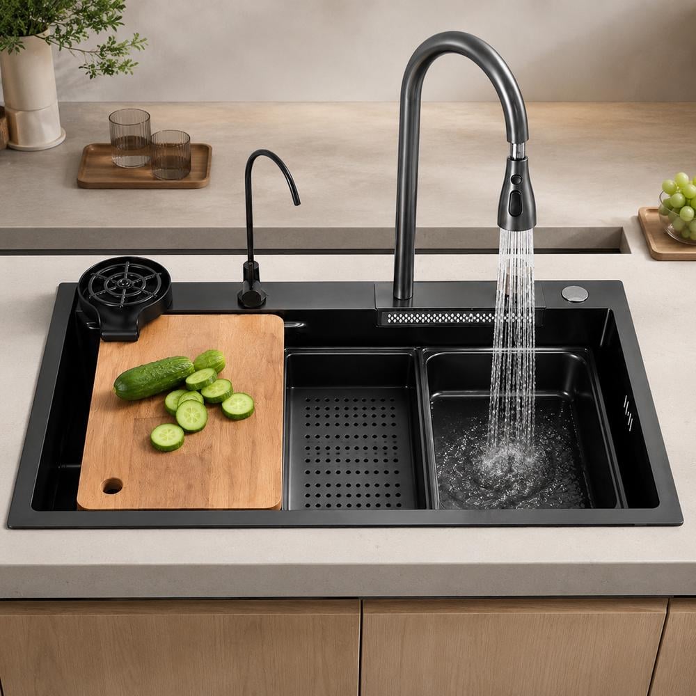 Мойка для кухни из нержавеющей стали со смесителем и водопадом 75x45 см Черный (37-125852)