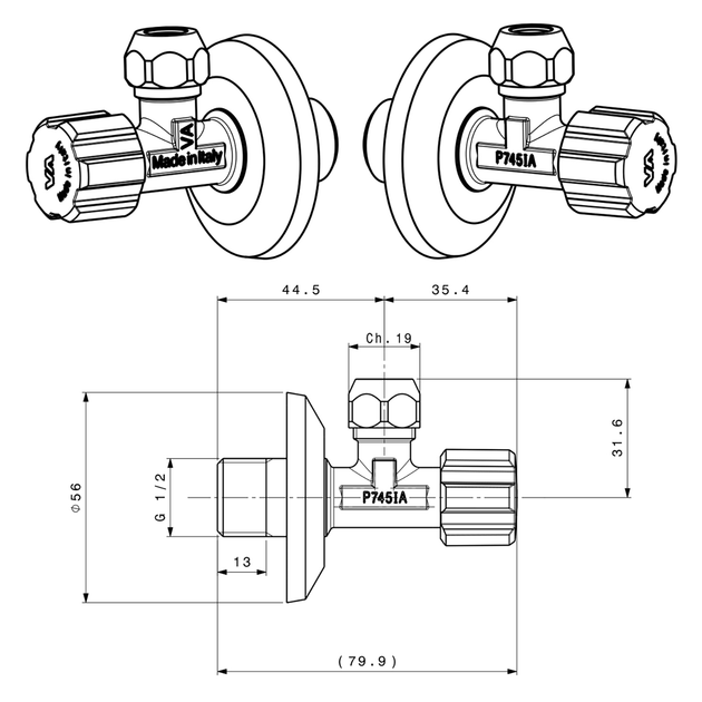 Кран вентильный для сантехприборов Ø 1/2"х3/8" VA Albertoni srl (C406281) - фото 2